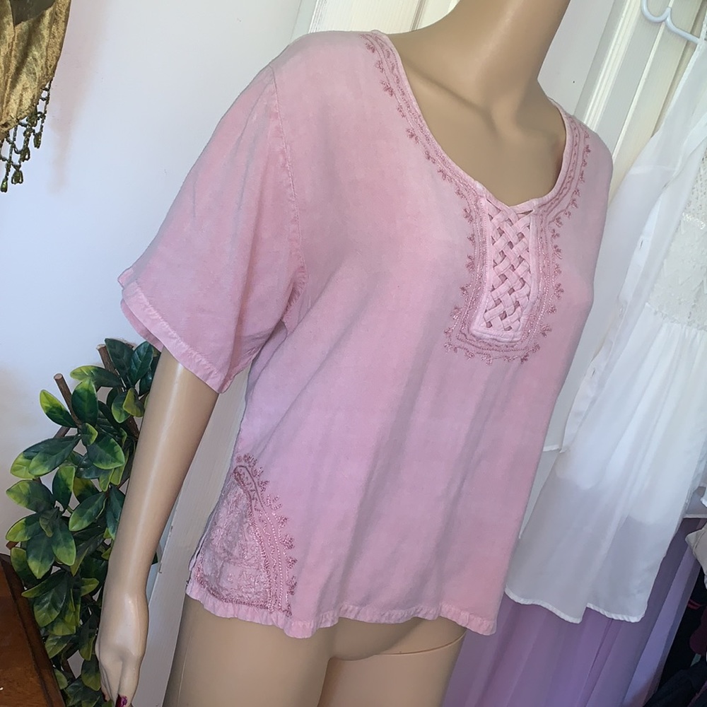 Papa Vancouver pink embroidered SUMMER scoop neck boho shirt Hippie  top m